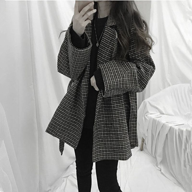 ÁO KHOÁC BLAZER DẠ KẺ ❤ FREESHIP ❤ Áo khoác blazer dạ kẻ đen 2 lớp form rộng dày dặn kèm đai dáng Hàn Quốc | BigBuy360 - bigbuy360.vn