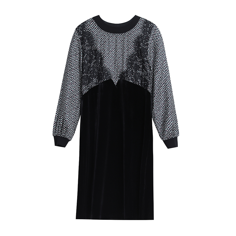 Plus Size 5XL Autumn New Women Korean Fashion Lace Patchwork Velvet Dress Casual Loose Long Sleeve Party Midi Dresses | BigBuy360 - bigbuy360.vn