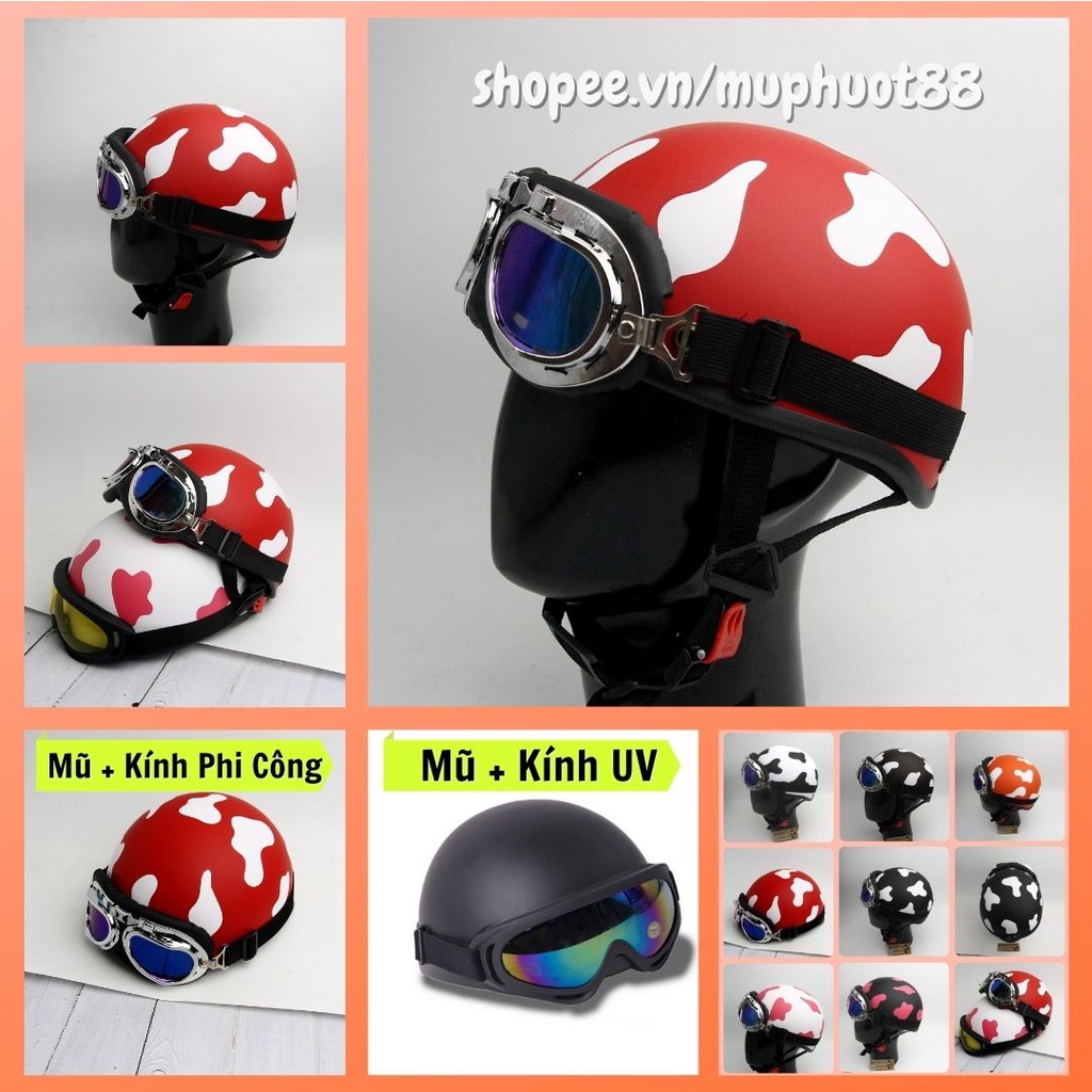 Mũ bảo hiểm bò sữa nửa đầu kính phi công cute nón bảo hiểm 1/2 kèm kính uv đi phượt màu đỏ trắng