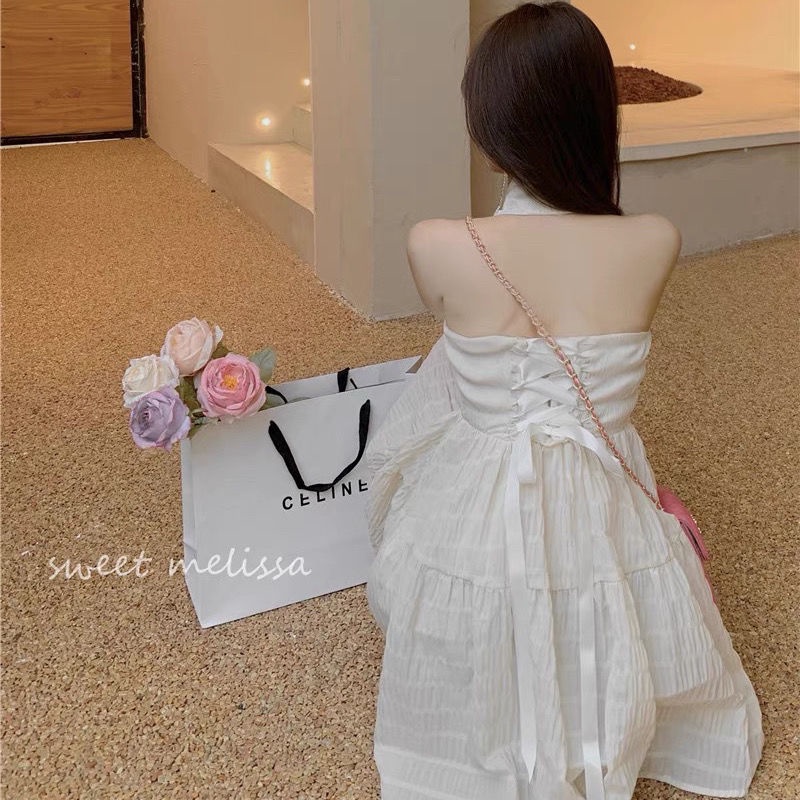 Váy Xòe Hở Vai Có Cổ Phối Dây Thắt Nơ Phía Sau Dễ Thương