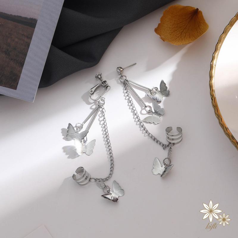 🌸Khuyên kẹp tai thiết kế hình cánh bướm/ nơ/ ngôi sao kiểu chuỗi dài phối tua đính pha lê thanh lịch thời trang cho nữ