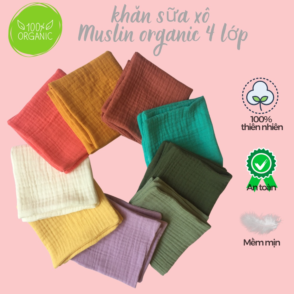 Khăn sữa xô Muslin organic 4 lớp, siêu mềm mại 100% bông organic