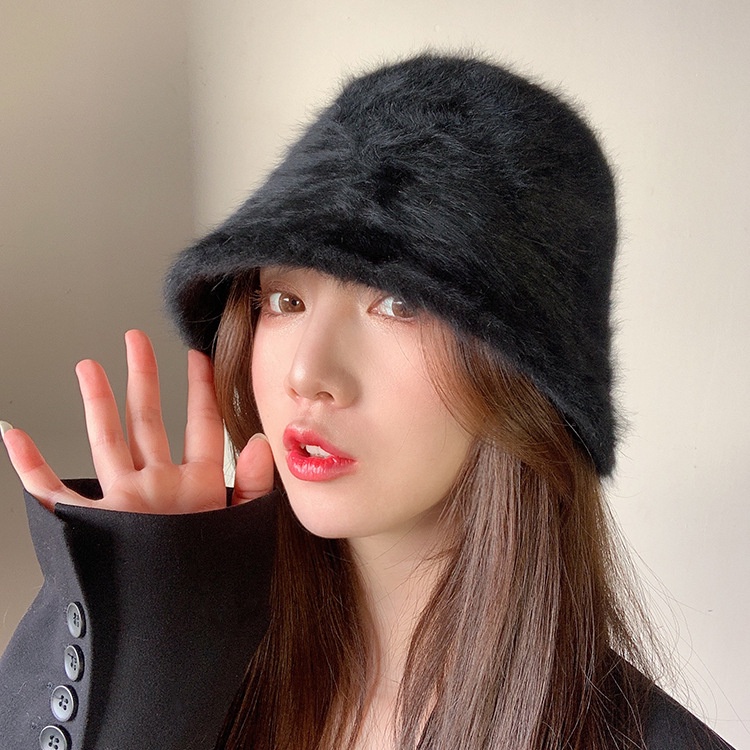 Mũ bucket vành cụp thời trang lông rabbit mềm mịn có dây rút điều chỉnh vòng đầu bên trong mũ