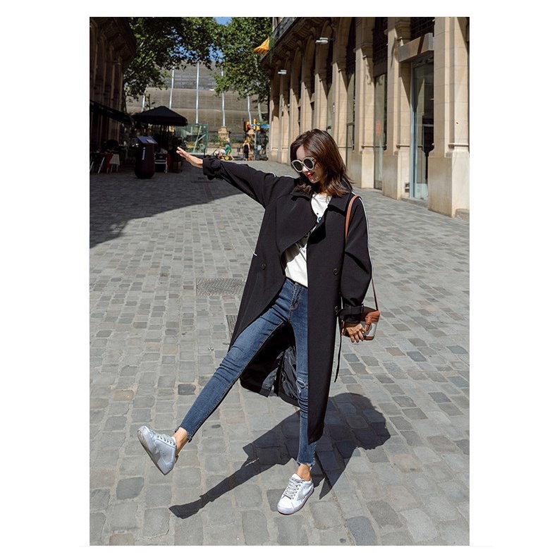 [free gift] Áo khoác gió dáng rộng màu đen thời trang thu đông phong cách Hàn Quốc cho nữ