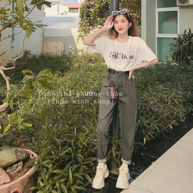 Quần baggy jean rách gối một bên cạp cao màu xám khói