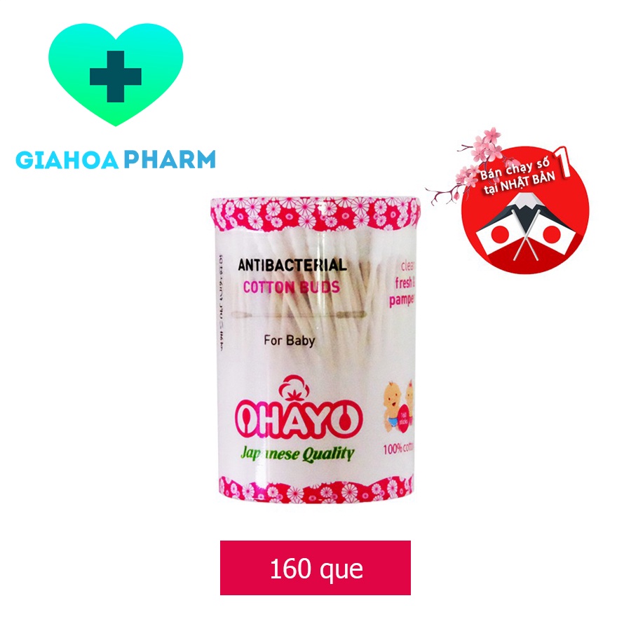 Tăm bông kháng khuẩn thân giấy OHAYO Baby chất lượng Nhật Bản Trẻ em xoắn tròn JP02 (1 đầu xoắn 1 đầu tròn) - Lọ 160 que