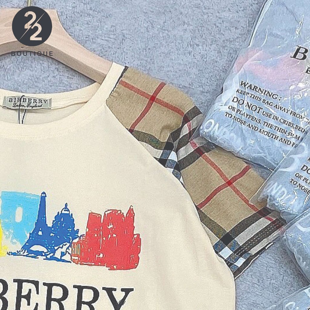 Bộ Áo Thun Cộc Tay Nữ Quần Đùi Chất Liệu Cotton Pha Thoáng Mát Thoải Mái Kẻ Burberry B7