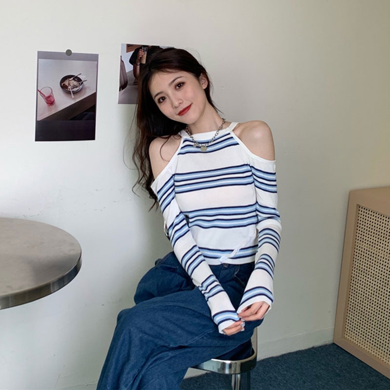 Áo Dệt Kim Tay Dài Hở Vai Dáng Ôm Họa Tiết Kẻ Sọc Thời Trang Hàn Quốc Dành Cho Bạn Nữ