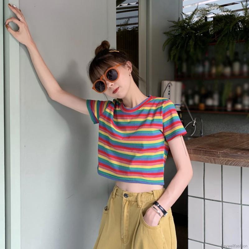 [Baywellfashion]Áo thun tay ngắn cổ tròn hoạ tiết kẻ sọc màu cầu vồng | BigBuy360 - bigbuy360.vn