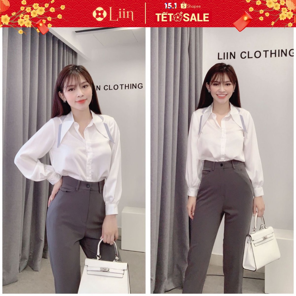 Áo sơ mi nữ màu Trắng dài tay kết hợp Viền Cổ Xanh xinh xắn Liin Clothing SM3337