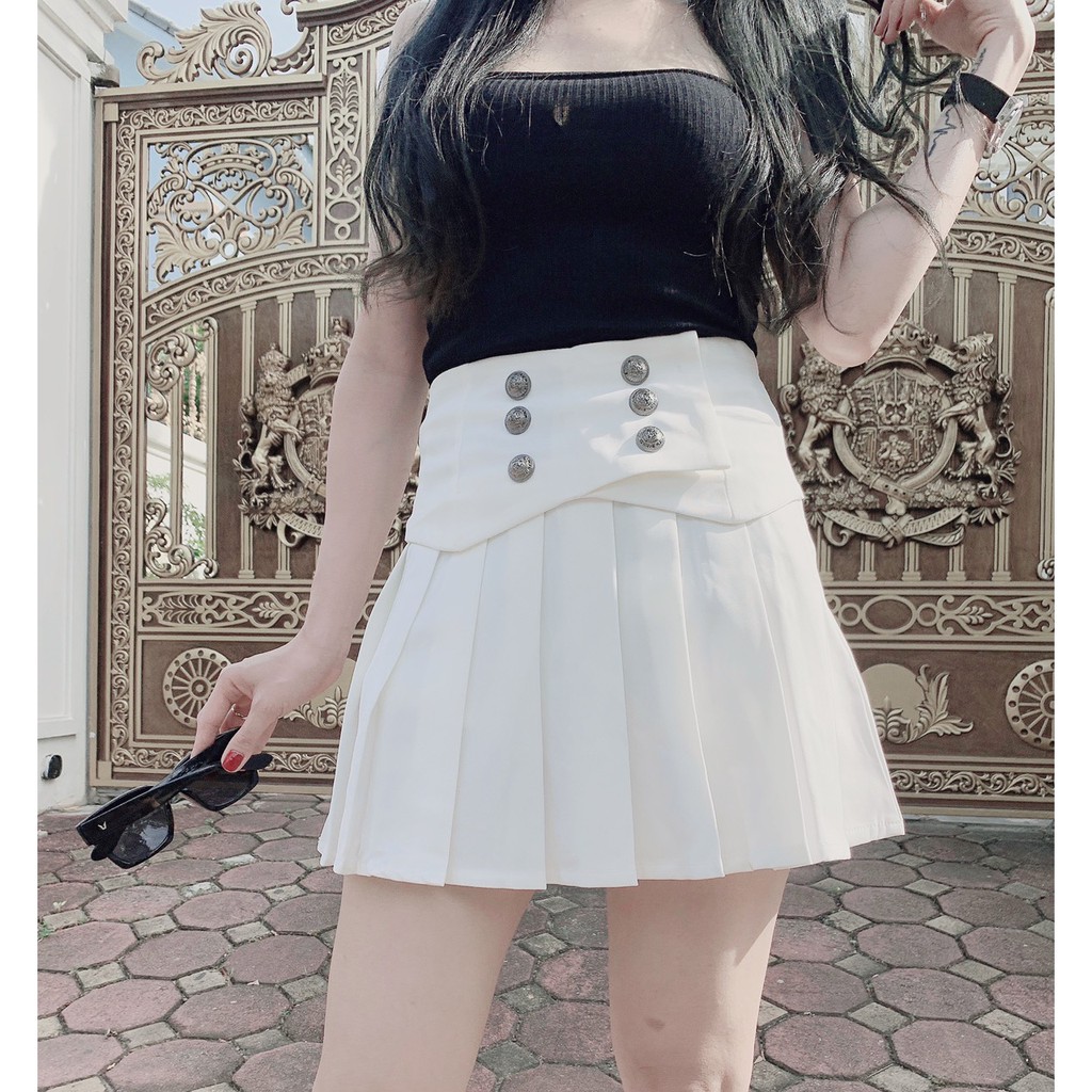 Chân Váy Lưng cao Ly To Màu Trắng Phối Khuy Cá Tính Hàng Loại 2,Váy Xếp Li Ngắn Cạp Cao Sợi Tổng Hợp Dày Dặn Đẹp | BigBuy360 - bigbuy360.vn