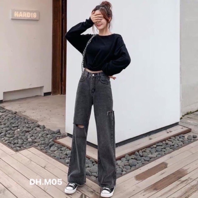 Quần jeans nữ Shynstores - quần bò suông nữ unisex dáng dài rách gối cạp cao màu xám freeship