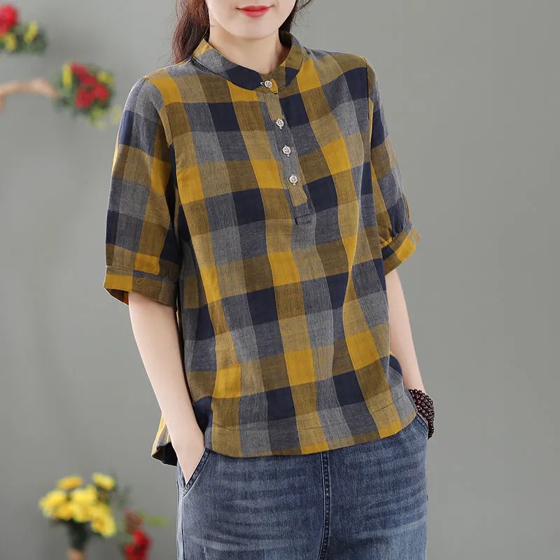 Áo Sơ Mi cotton Dáng Rộng plus size Họa Tiết Sọc Caro Phong Cách Retro Cho Nữ