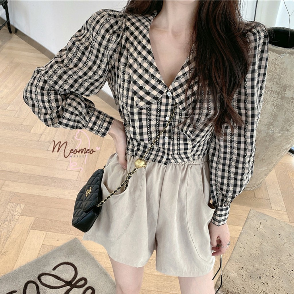 Áo Sơ Mi Nữ Croptop Kẻ Caro Tay Dài Phồng Thời Trang