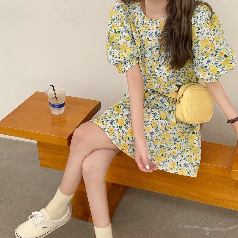 (SẴN) Váy hoa babydoll cổ tròn, tay bồng, dáng xoè có dây thắt đai eo (có ảnh thật)