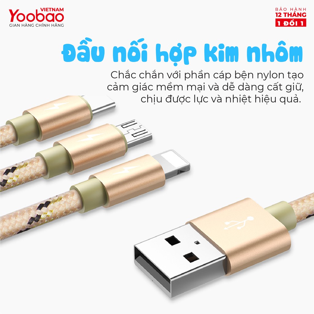 Dây cáp sạc 3 trong 1 (Micro USB/Lingtning/Type C) Yoobao YB-453 vỏ bện nylon Dài 1.2m - Hàng chính hãng - Bảo hành 12 t