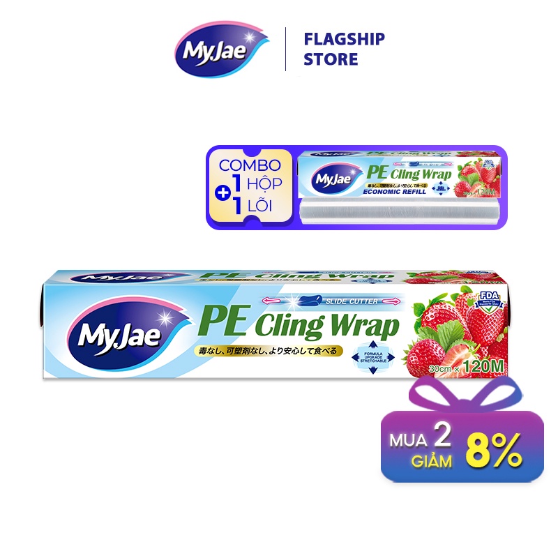 Combo 1 màng bọc thực phẩm PE + 1 lõi màng bọc  MyJae Đài Loan 30cm x 120m dạng dao cắt trượt bảo quản thực phẩm