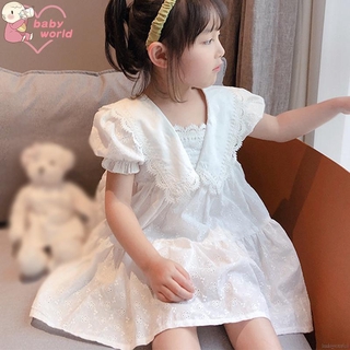 Đầm xòe công chúa ngắn tay phối ren trơn màu cho bé