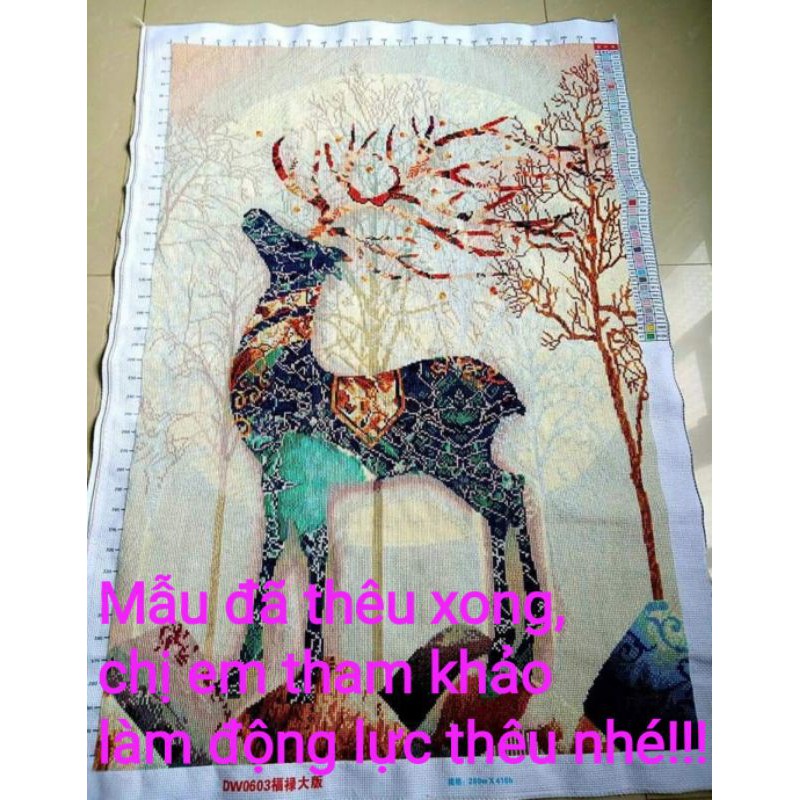 Tranh thêu chữ thập chỉ lụa nai tài lộc