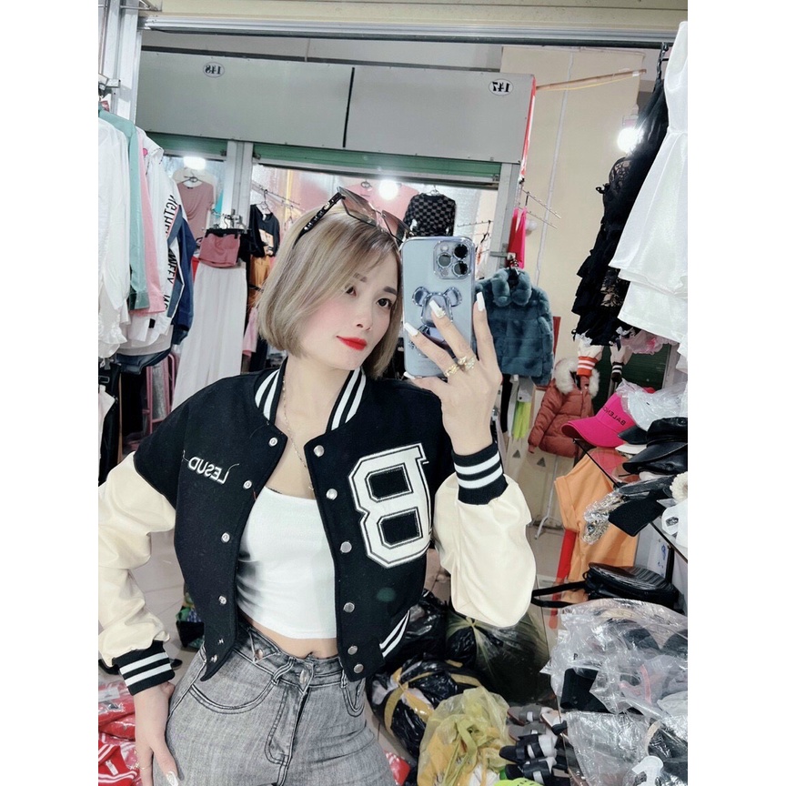 Áo khoác bomber nữ kiểu dáng croptop lửng thêu B uniex form chuẩn nút bấm duyên dáng việt của kmg mới tp007