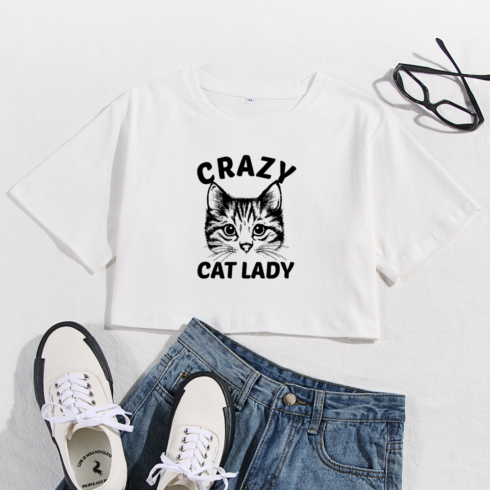 Áo Thun Crotop Form Rộng Tay Ngắn Chất Cotton Mền Mại In Hình Crazy Cat Lady Ulzzang Style Hàn Quốc TTT0129