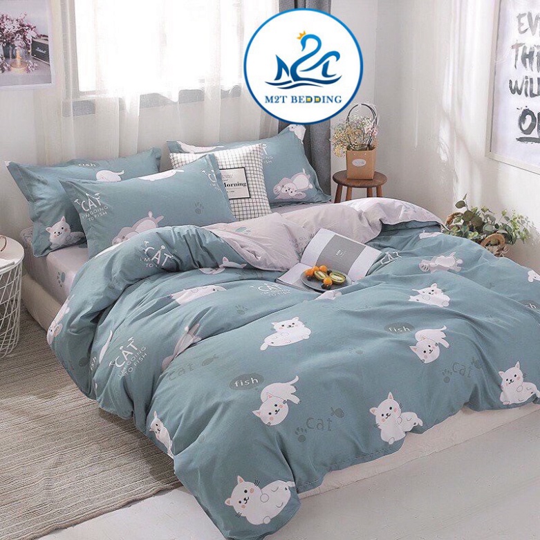 Bộ chăn ga gối Cotton Poly M2T bedding Mèo lười, vỏ chăn mền, drap giường và 2 vỏ gối