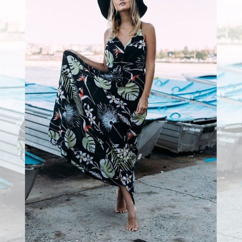 Xiangbao Đầm Maxi Dáng Dài In Họa Tiết Lông Vũ Nhiệt Đới Phong Cách Bohemian Dân Tộc