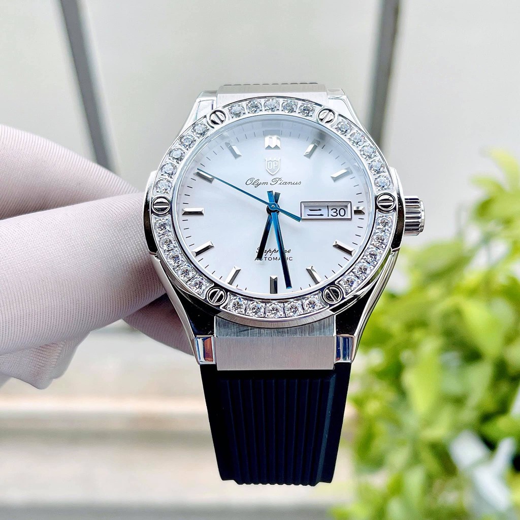 Đồng hồ nam Olym Pianus OP990-45 chính hãng- mặt trắng, kim xanh; Phiên bản kiểu dáng Hublot; New 100, Full box