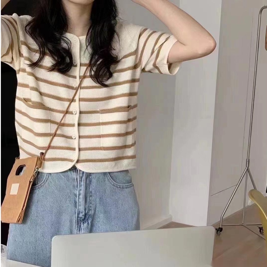 Áo cardigan dệt kim ZHELIHANGFEI tay ngắn cổ tròn kẻ sọc đơn giản trẻ trung