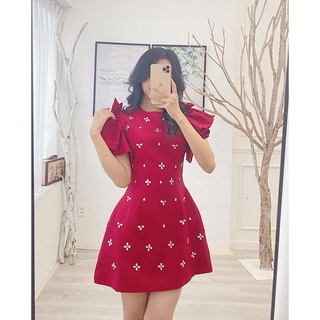 Đầm dáng xòe ⚡️freeship⚡️ cổ tròn nơ vai đính đá xinh xắn