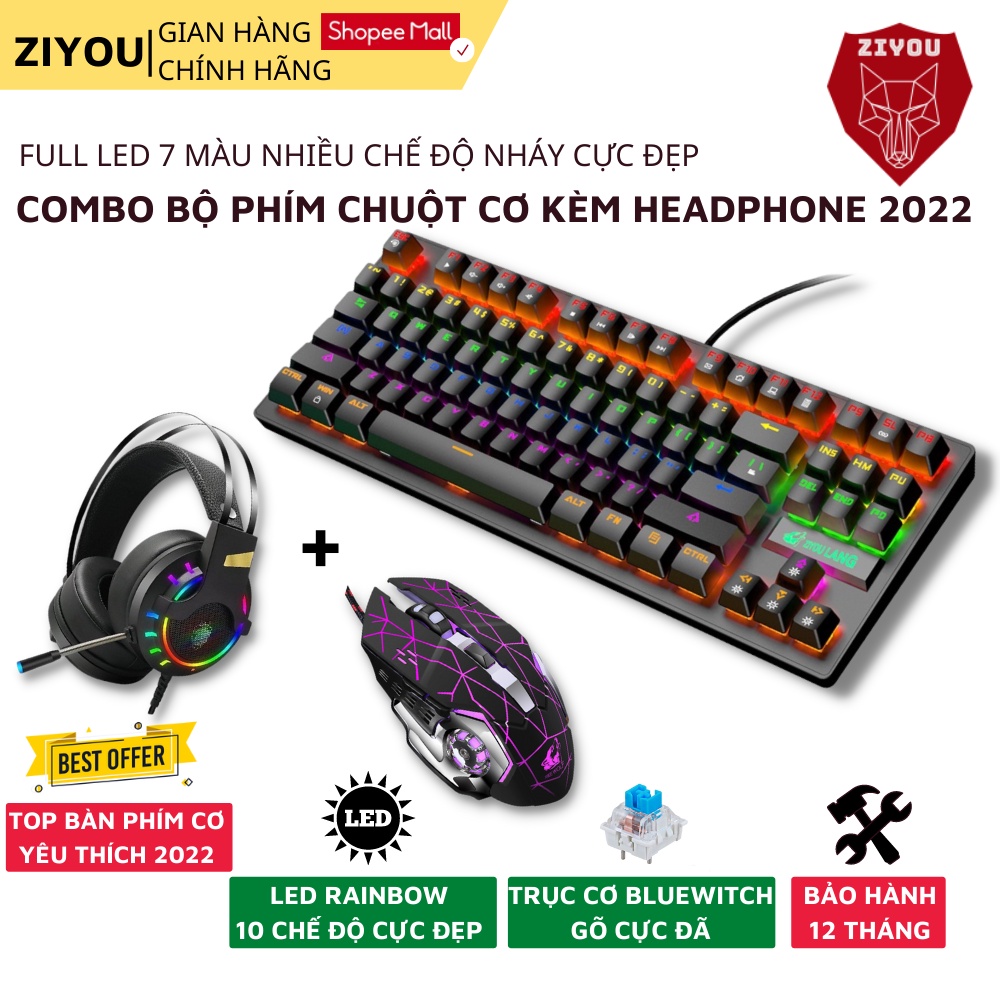 Combo Gaming Bộ Phím Và Chuột Kèm Tai Nghe Chụp Tai ZIYOU Led RGB 10 Chế Độ Cực Đẹp, Trục Cơ Blueswitch, K2+V5+K3