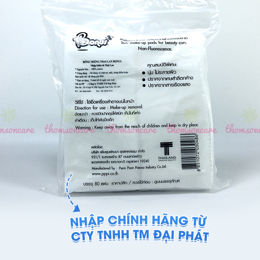 Bông tẩy trang Bonus gói 80 miếng vuông từ Thái Lan Pure Cotton Pads từ bông gòn tự nhiên