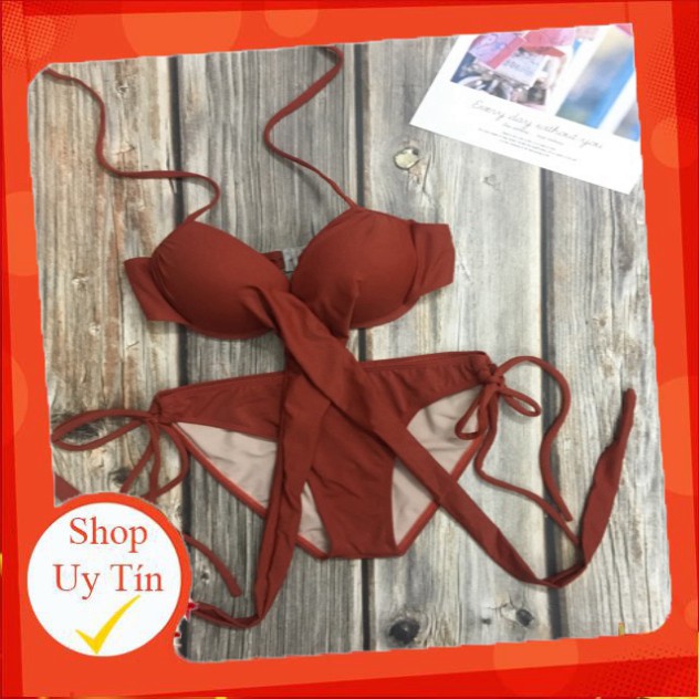 Đồ bơi bikini mút dày nâng ngực áo cột chéo quần cạp thấp