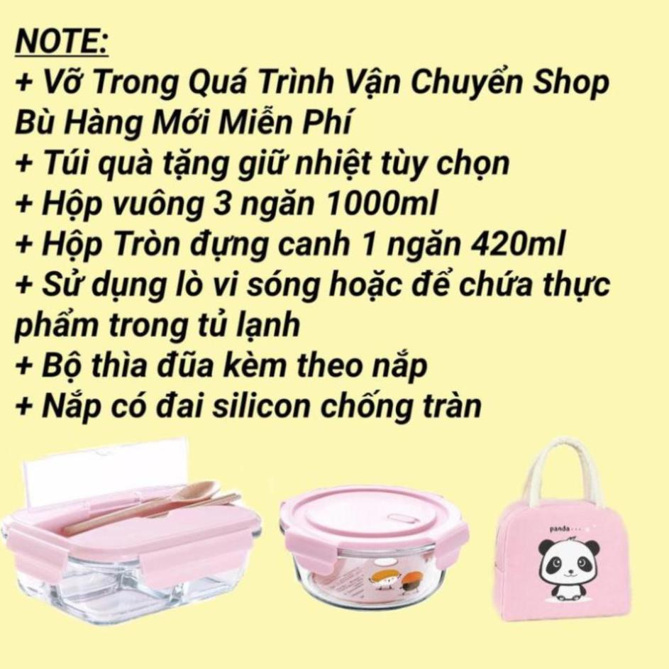 ⚡BỎ LÒ VI SÓNG⚡Hộp Cơm Văn Phòng Hộp Thủy Tinh 3 Ngăn Chống Tràn Tặng Kèm Túi Đựng Giữ Nhiệt + Đũa Thìa