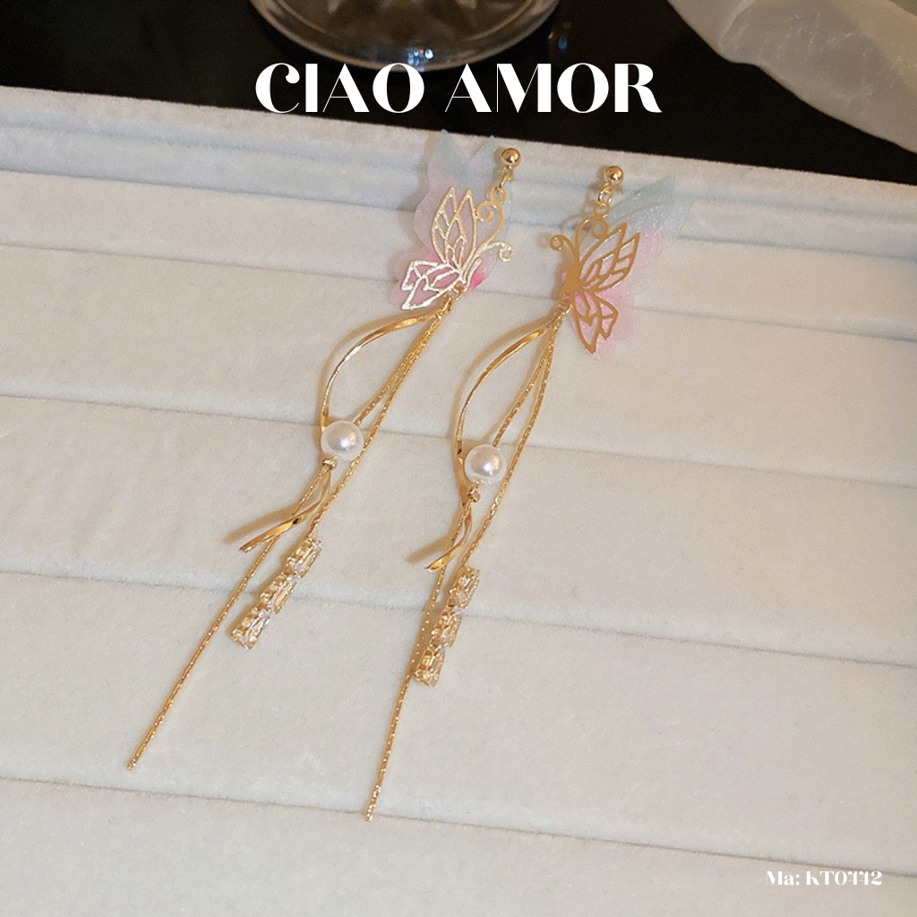 Khuyên tai nữ, Bông tai bạc 925 cánh dài hồng tiểu thư quý phái Trang sức Ciao Amor - KT0442