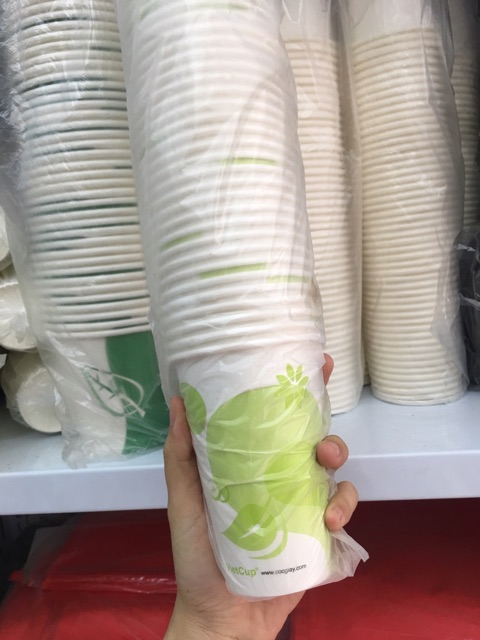 50 cốc giấy dùng 1 lần đựng trà, cà phê 12oz dài in xanh