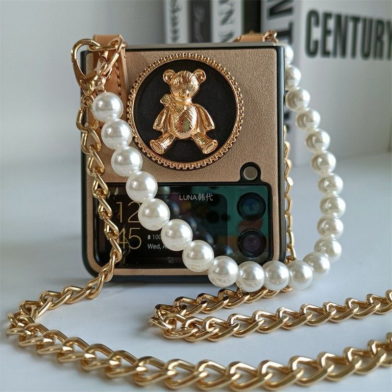 Ốp Samsung Z Flip 3 / Z Flip 4 kèm popsocket gấu và dây xách lụa/ngọc Z Flip3 / ZFlip3 / Z Flip4/ ZFlip4