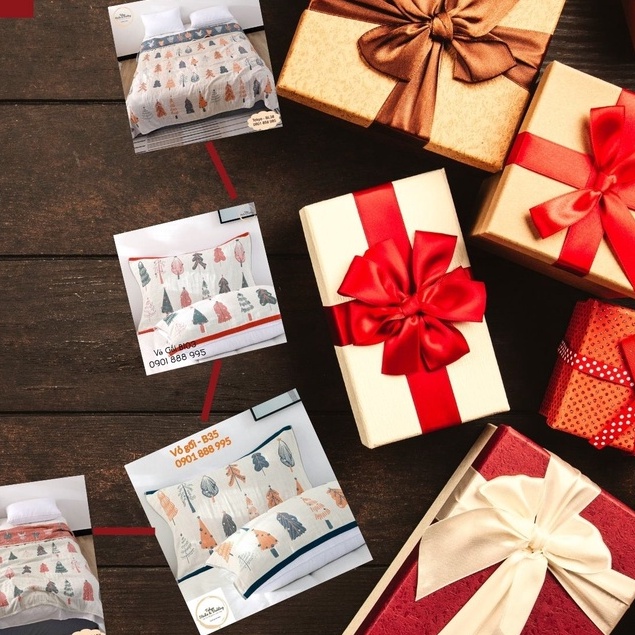 Món quà Noel _ Chăn/Ga/Gối Xô cotton sợi tre Organic dòng Basic_họa tiết cây thông