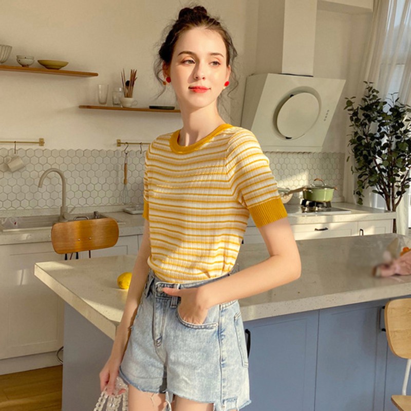 Áo Dệt Kim Tay Ngắn Hoạ Tiết Kẻ Sọc Phong Cách Hàn Quốc