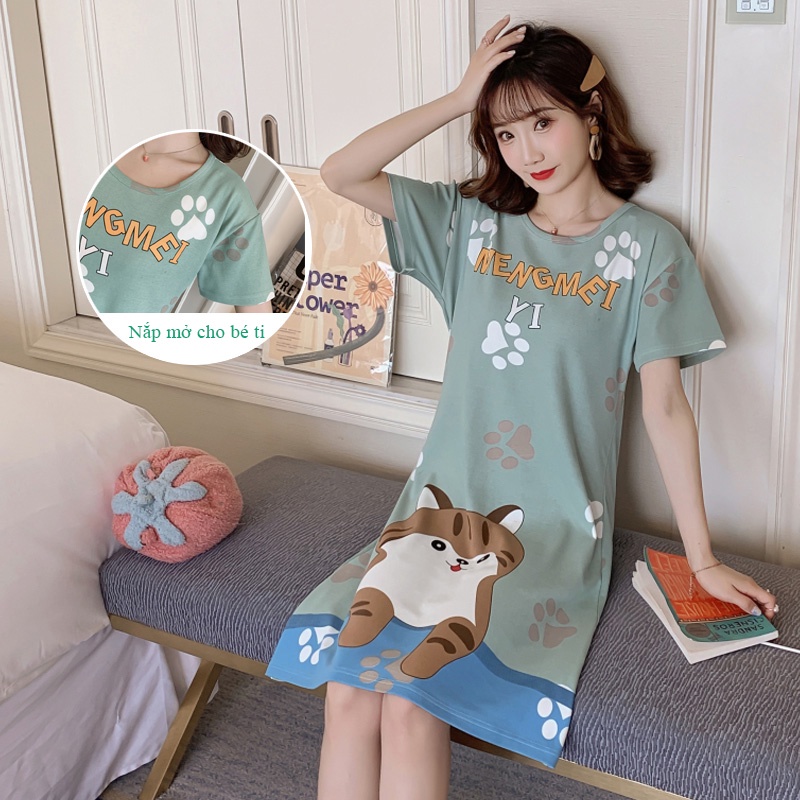 Váy/đầm bầu mặc nhà nhiều họa tiết chất cotton mịn cao cấp co dãn tốt kèm thiết kế cho con bú