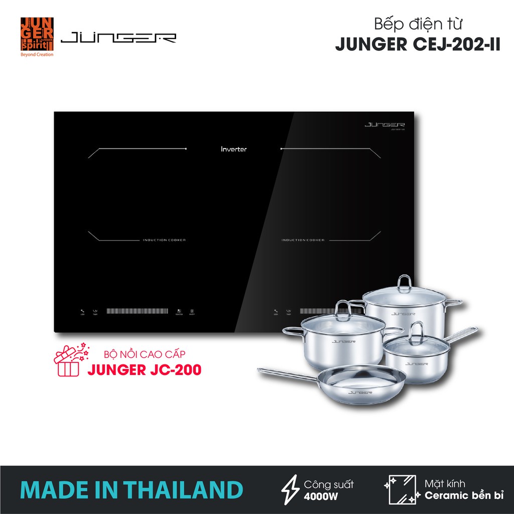 Bếp đôi điện từ Junger CEJ-202-II - Công suất 4000W - mặt kính Ceramic | Bảo hành 2 năm chính hãng | MADE IN THAILAND