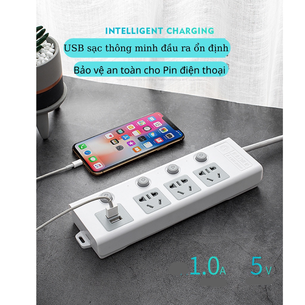 Ổ cắm điện USB nhiều lỗ đa năng thông minh, có nút tắt bật riêng, an toàn cho trẻ ,chịu tải 2500W