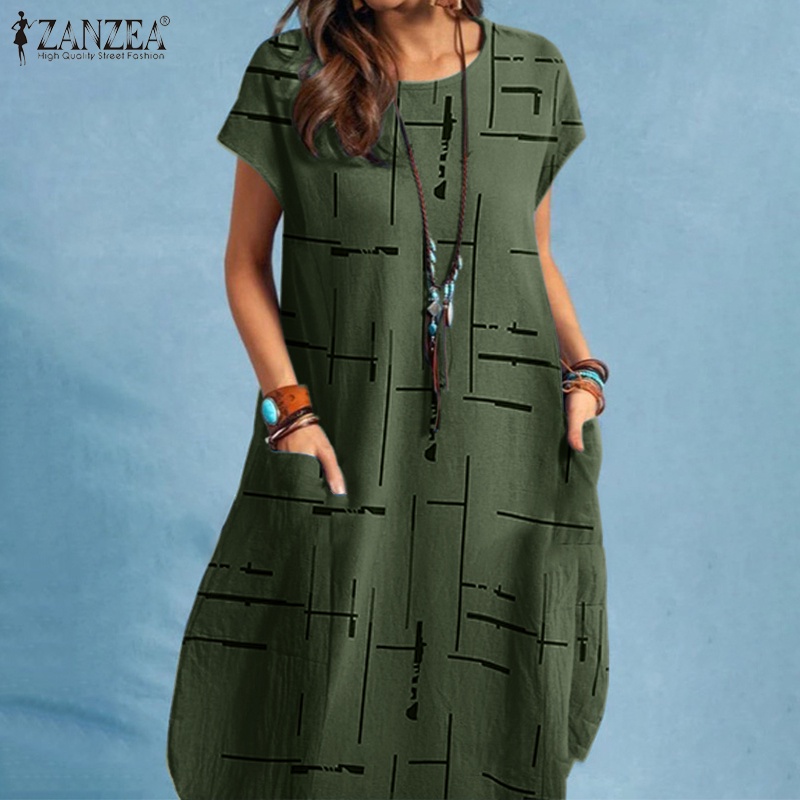 Zanzea Đầm Midi Ngắn Tay Cổ Tròn In Họa Tiết Phong Cách Châu Âu Thời Trang Cho Nữ