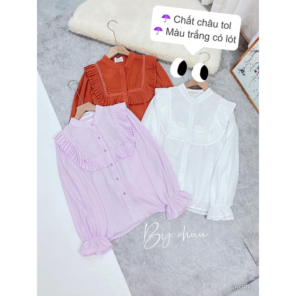 Áo sơ mi nữ cổ trụ vạt vuông bèo tay phồng CHUU A6966