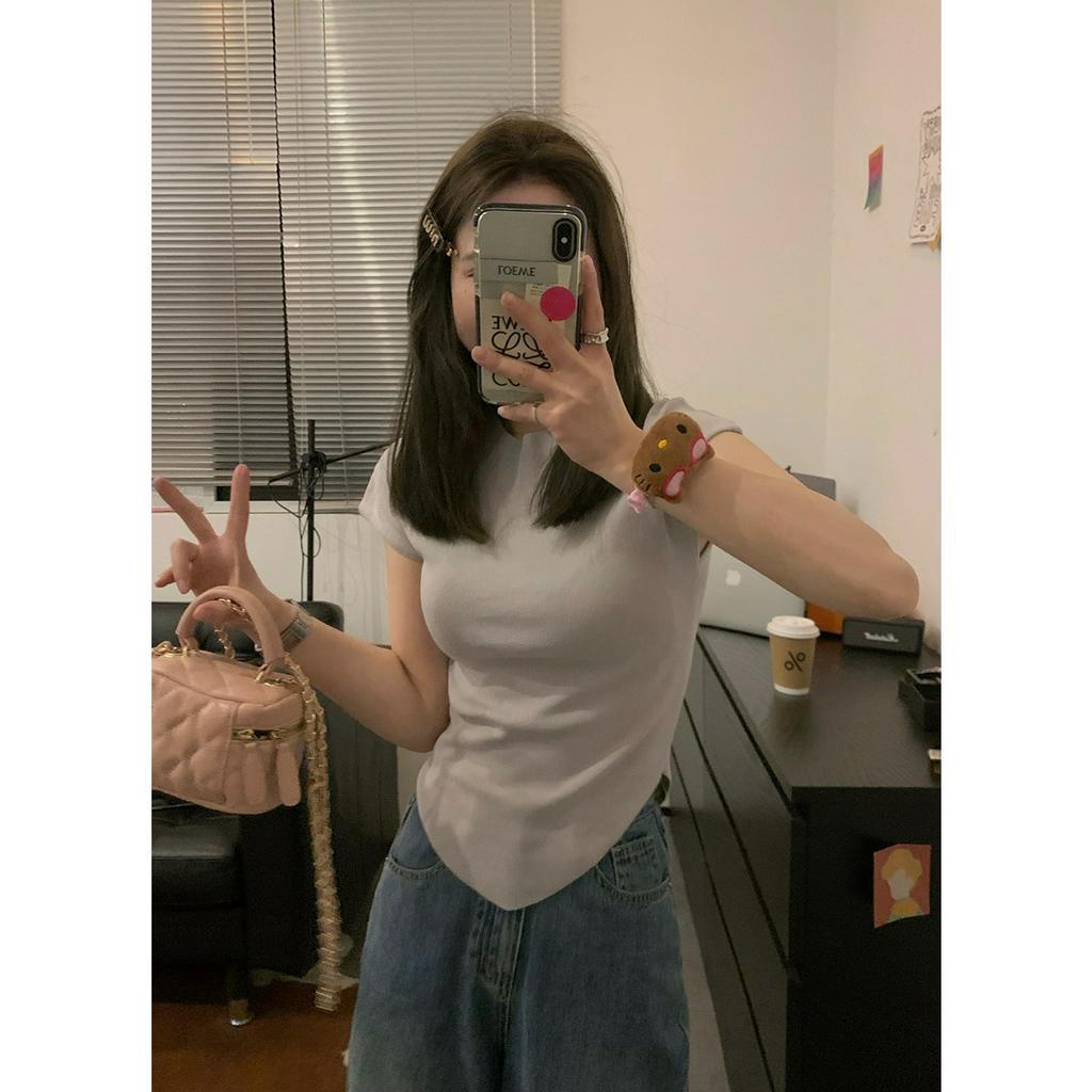 ZHELIHANGFEI Classy Ouni Slimmer Áo Dệt Kim Ngắn Tay Cổ Đứng Cỡ Nhỏ Phong Cách Chị Em Hàn Quốc Arc Edge A4