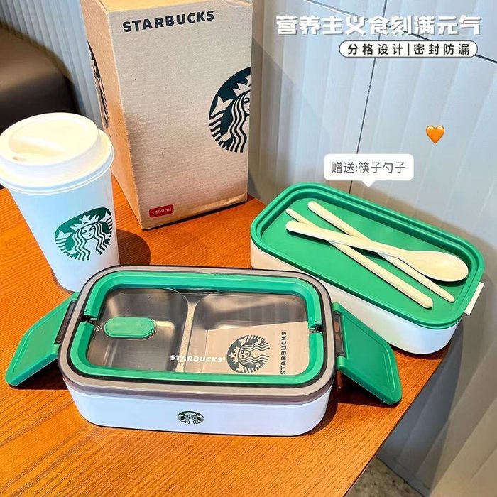 Hộp cơm văn phòng Starbuck 2 tầng chất liệu Inox 304 chia ngăn, Hộp cơm văn phòng giữ nhiệt kèm đũa thìa