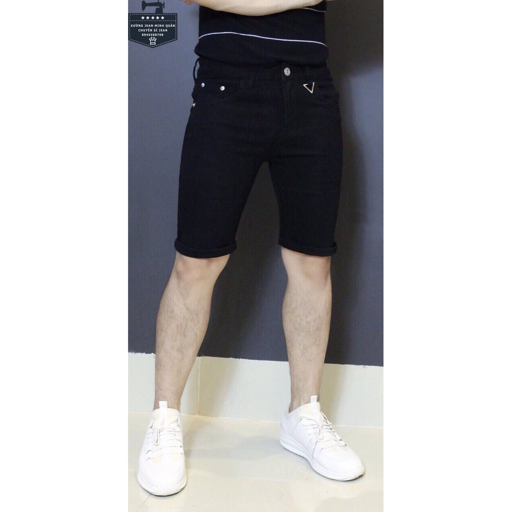 Quần short đùi jean nam đen trơn co giãn,quần lững nam đen trơn chất bò không bay màu SJN225