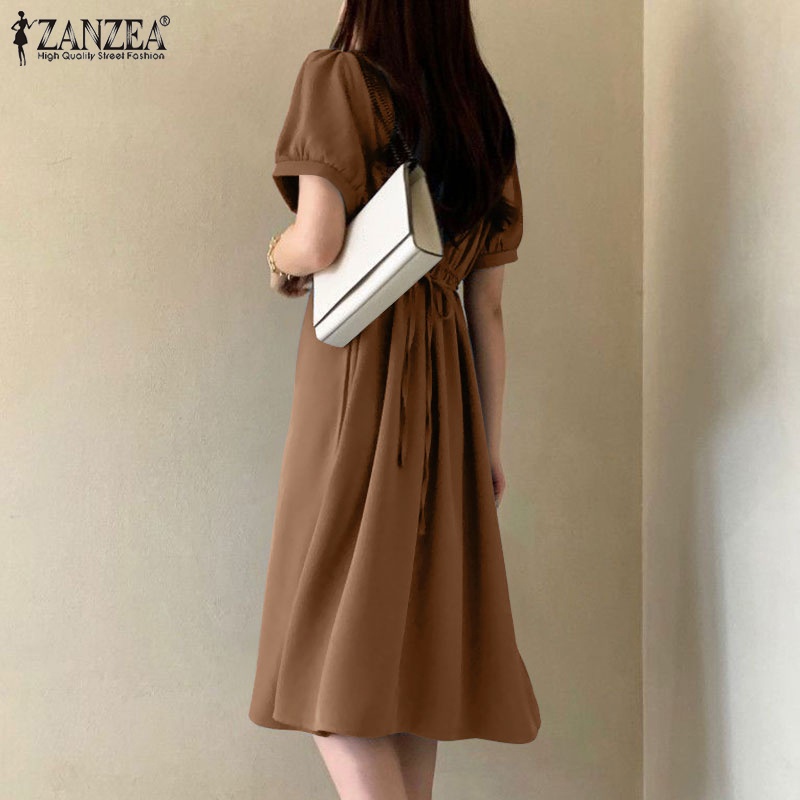 Đầm midi ZANZEA tay ngắn phồng cổ chữ V cài nút thời trang cho nữ