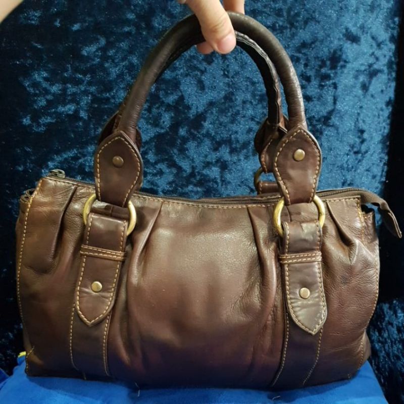COMBO TÚI SI: TÚI DU LỊCH VÀ TÚI SI MÀU NÂU, PHỐI KIM LOẠI ĐỒNG SZ 33X19- GÃY KHÓA