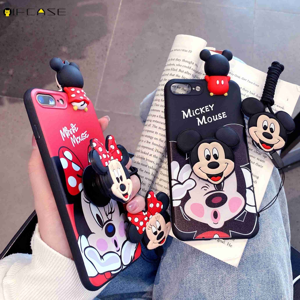 Ốp Điện Thoại TPU Mềm Có Chân Đứng Và Dây Treo Hoạt Hình Mickey Minnie Cho iPhone 11 Pro Max XS Max XR X 7 8 6 6s Plus